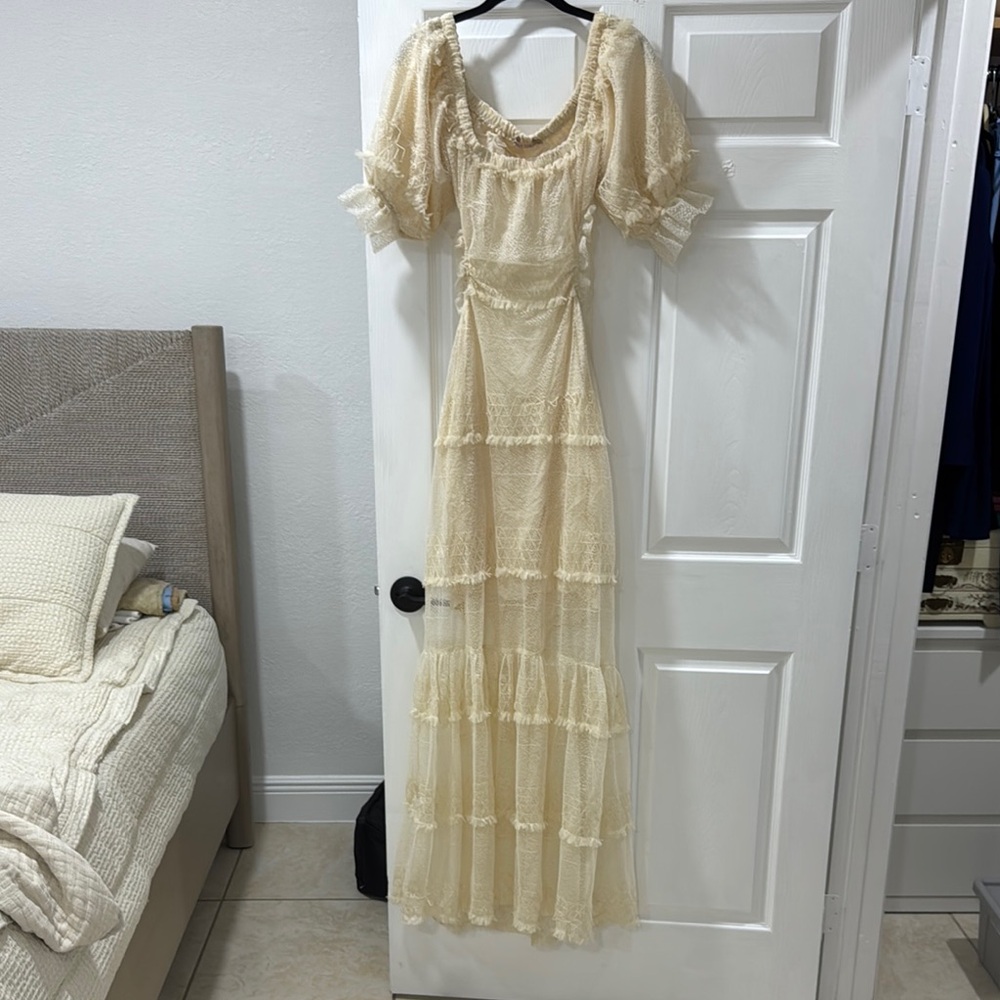 Cream Tiered Ruffled Maxi Dress for Wedding Guest